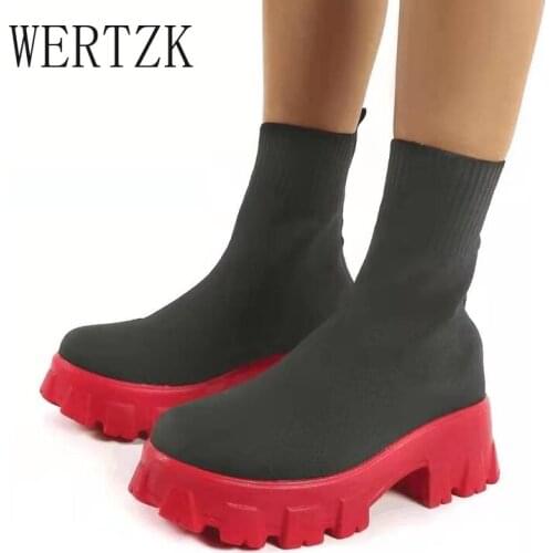 Autumn New Socks Shoes Woman Stretch Fabric Mid-Calf Casual Platform Boots Net Red Knitted Short Boots Women Plus Size43 Booties