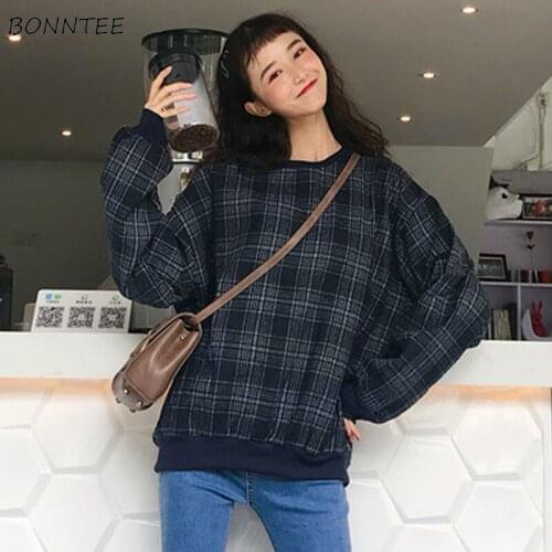 Hoodies Women Ulzzang High Quality 2020 Spring Autumn Lady Loose Plaid Long Sleeve Retro Simple Fashion All-match Womens Clothes