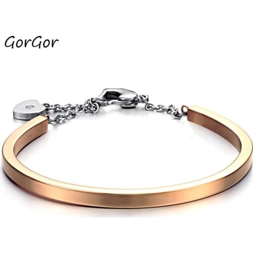 GorGor 2020 New Fashion Novelty Heart Lock Titanium Steel Lady Rose Gold Color Plated Bangle for Tourism Memorial Gift 810