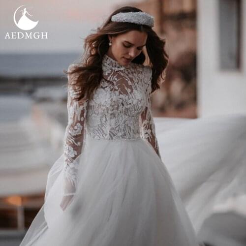 Aedmgh A-Line Beach Wedding Dresses 2021 High Neck Long Sleeve Vestido De Novia Beaded Appliques Charming Plus Size Bridal Gowns