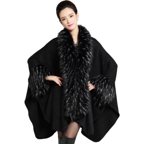 Poncho Women Imitation Ostrich Wool Cloak Womens Fashion Cape For Autumn And Winter Female Fur Shawl Cardigan Jacket Black Cape