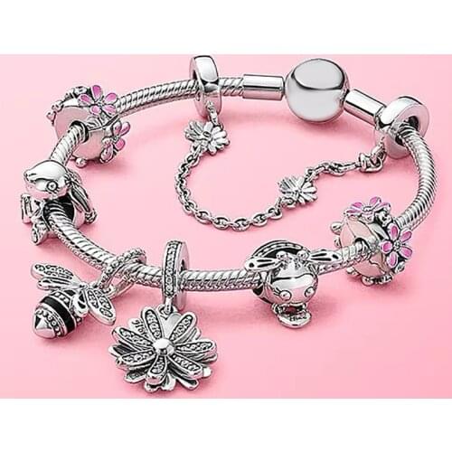 100%925 sterling silver Spring pink flower series sweet bee rabbit garden high quality fashion Pandora bracelet jewelry