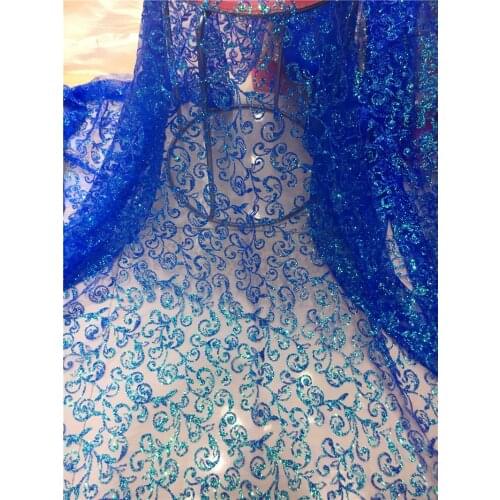 5yards JRB-070104 shining glued print glitter sparkle net tulle mesh lace for fashion designer in blue color