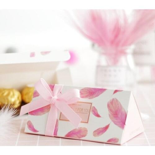 50pcs 11.5X5.5X5CM Pink feather Candy Box with ribbon chocolate gift boxes party favor boxes candy packaging wedding favors