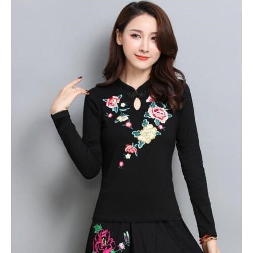 95% Cotton T Shirt Women Ethnic Embroidery Vintage T Shirt Long sleeve 4XL 5XL Plus size Stand collar Black White Red