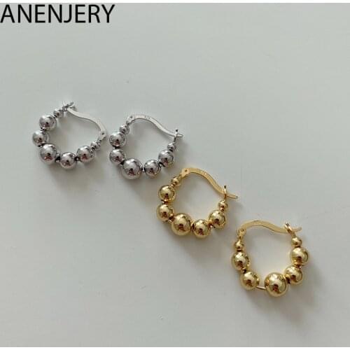 ANENJERY 925 Sterling Silver Round Beads Hoop Earrings For Women French Geometric Minimalist Metal Earrings oorbellen S-E556