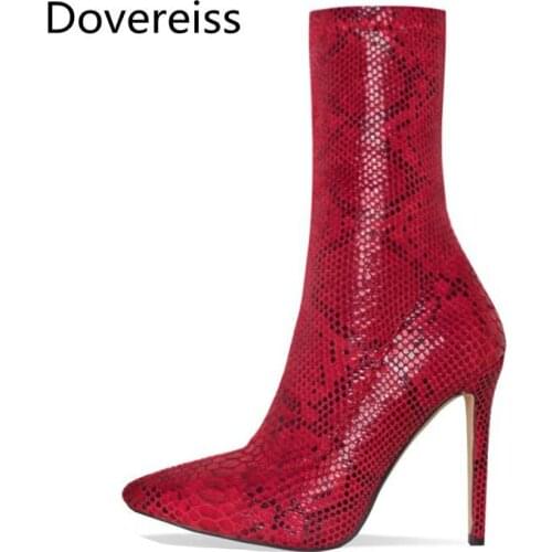 Dovereiss Fashion Womens Shoes Winter New Red Apricot Pointed Toe Stilettos Heels Sexy Elegant Ankle boots Concise Mature 36-41