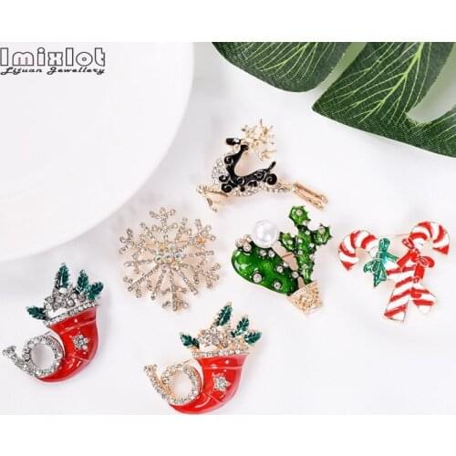 Imixlot Hot Fashion Christmas Brooches for Women Rhinestone Snowflake Christmas Deer Hat Enamel Pin Badges Brooch Jewelry Gift