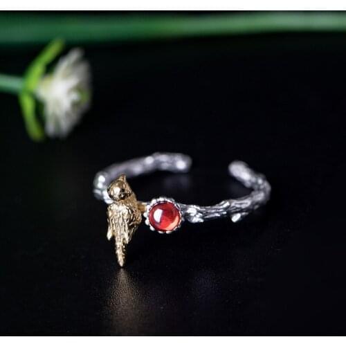 New S925 Sterling Silver Creative inlaid burgundy garnet ring female three-dimensional cute bird open ring Adjustable Rings