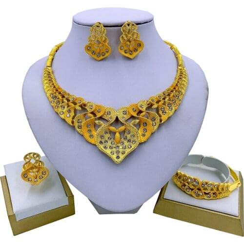 African Fashion Jewelry Sets Women Gold Necklace Bracelet Earrings Ring Luxury Jewelry Wedding Bridal Jewelry Set