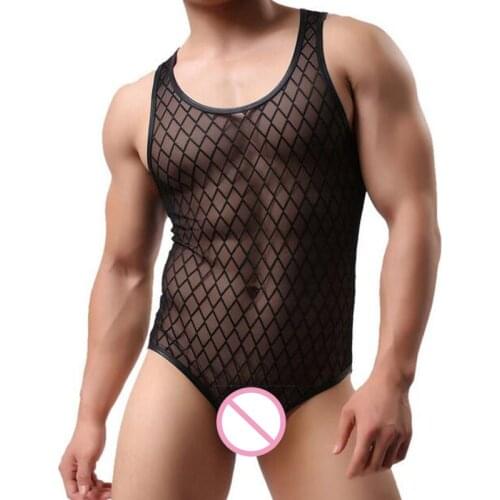 Men Thong Bodysuit Transparent Mesh Bodysuit Lingerie Sexy Hot Erotic Wrestling Singlet Mens Sexy Bodysuit