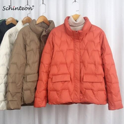 2021 New Women Schinteon Light White Duck Down Jacket Loose Solid Color Coat Casual Stand Collar Autumn Short Outwear Fashion
