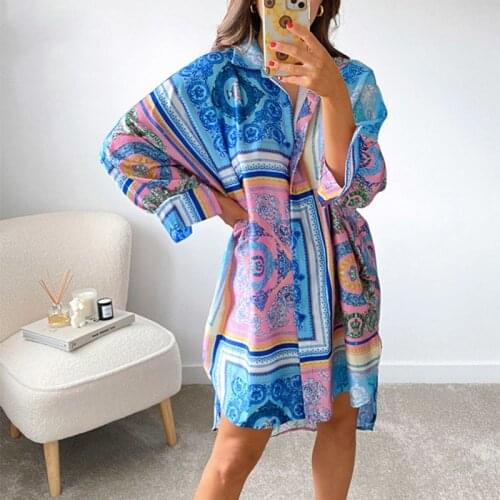 Long Sleeve Shirt Dress Women 2021 Summer Autumn Floral Lapel Bottons Mini Dress Casual Loose Beach Dresses Female Harajuku