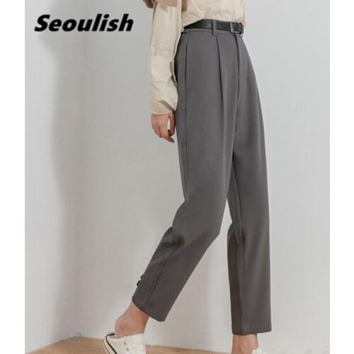 Seoulish 2021 New Minimalism Formal Womens Harem Pants with Belt Button High Waist Office Lady Ankle-Length Chic Trouses Pocket