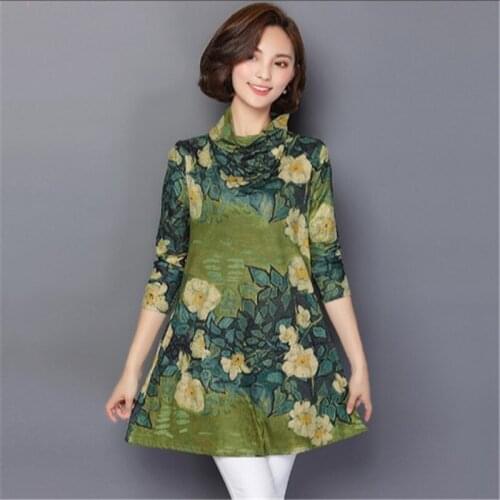 Spring Womens Plus Size Long Sleeve Shirt For Office Wear 2021 Casual Loose Heap Turtleneck Fancy Oil Printing Dress Female Tops