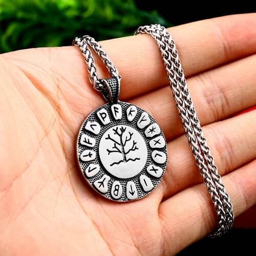Vintage Stainless Steel Viking Odin Rune Pendant Necklace Punk Nordic Men Tree of Life Pendant Fashion Viking Jewelry