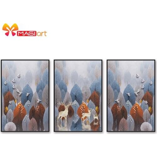 Cross stitch kits Embroidery needlework sets 11CT water soluble canvas patterns 14CT Abstract style Forest deers-NCMA095