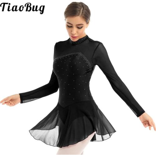 Women Long Sleeves Gymnastics Leotard Dress Shiny Mesh Figure Ice Skating Ballet Dance Costume