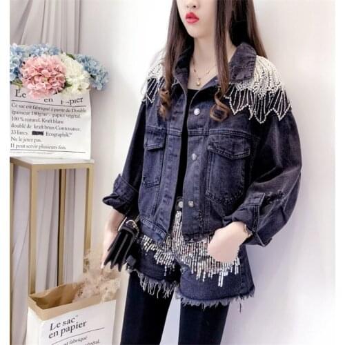 Autumn Heavy industry Diamonds Pearl Beaded Tassel Hole Big Pocket Black Denim Jacket Women Kurtki wiosenne damskie Jeans jacket