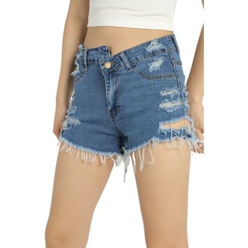 Women Fashion Solid Color High Waist Short Ripped Jeans Pockets Slim Fit Irregular Denim Shorts Support Wholesales