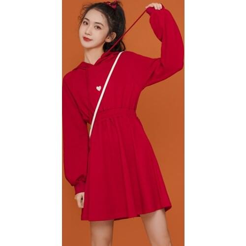 SWEETXUE Women 2020 New Chinese Style Red Hooded Loose Girl Autumn Cute Embroidered Long Sleeves Casual Dresses Female