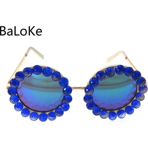 New arrival fashion round full frame sunglasses blue crystals baroque retro Sunglasses woman hand made Sunglasses