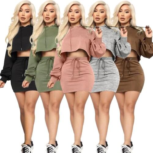 Autumn Women Hooded Skirt Two Piece Set Sweater Top +Mini Dress Tracksuit Outfits women clothing sets Solid 5 Color