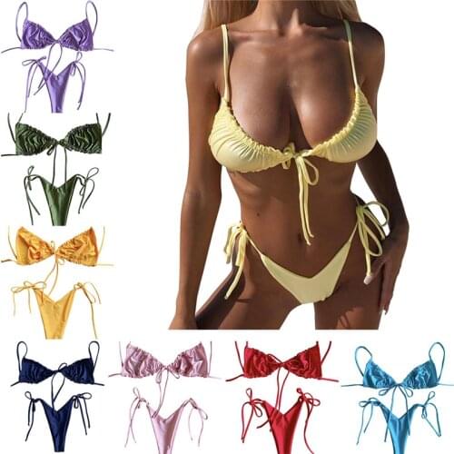 Women Bikini New Sexy e Lace Up Swimsuit For Women Solid Color Ruched Trim Bra And Thong Swimwear Female Beach Bikini Set