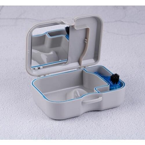 1pc Denture Box Case With Mirror and Clean Brush Portable Denture Care False Teeth Storage Box