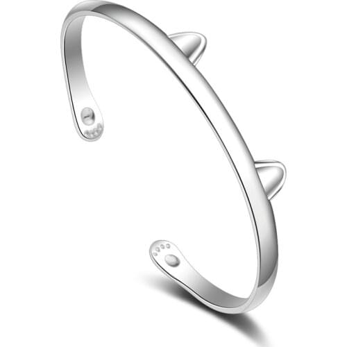 100% 925 sterling silver new fashion cute little cat bangle for women jewelry wholeslae birthday gift drop shipping cheap
