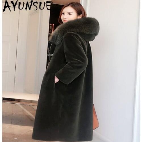 AYUNSUE 100% Wool Womens Fur Coat Female Hooded Jacket Winter Clothes Women Real Fox Fur Collar 2020 Mujeres Abrigos R15Y2796