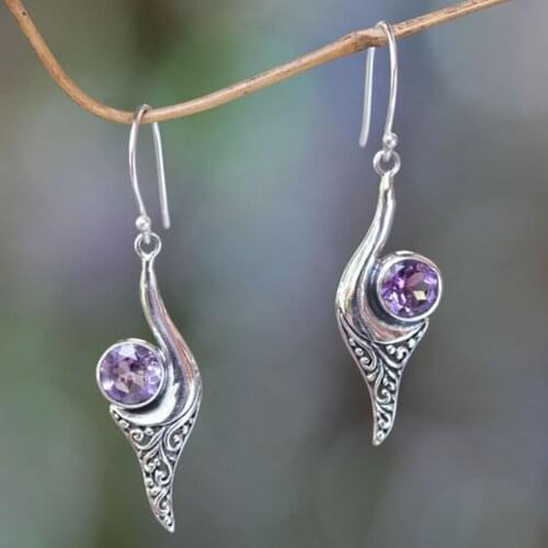 Bohemia Silver Plated Drop Dangle Earrings for Women Purple Crystal Carved Irregular Pattern Hook Earrings Vintage Party Jewelry