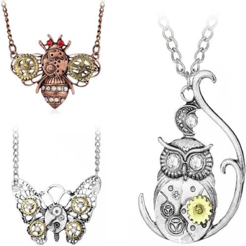Steampunk Heart Shaped Mechanical Gear Pendant Necklace Vintage Insect Bee Butterfly Owl Clavicle Chain Vintage Jewelry Gift
