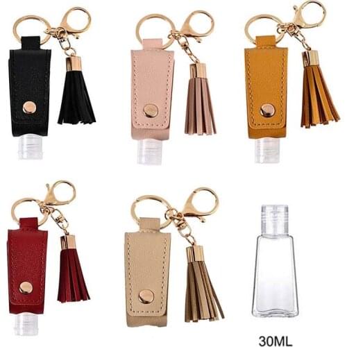 30Ml Hand Sanitizer Holder Portable Empty Leakproof Plastic Travel Bottle with Tassels PU Leather Keychain Holder Carriers