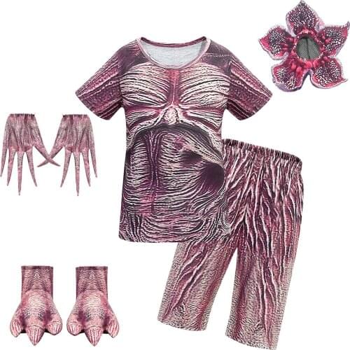 Kids Halloween Costume Stranger Things Demogorgon Clothes Boys Girls Man-eat Flower T-shirt+shorts+Mask+gloves Carnival Outfits
