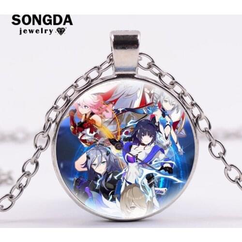 Honkai Impact 3 Necklace Aiden Mei Yae Sakura Anime Cartoon Game Figure Boys Girls Glass Round Pendant Metal Chain Trinket Gifts
