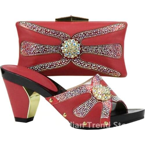 Shoes and Bag Set African Sets Red Color Italian Ladies Shoe and Bag Set Decorated with Rhinestone Nigerian Shoes and Bag Sets