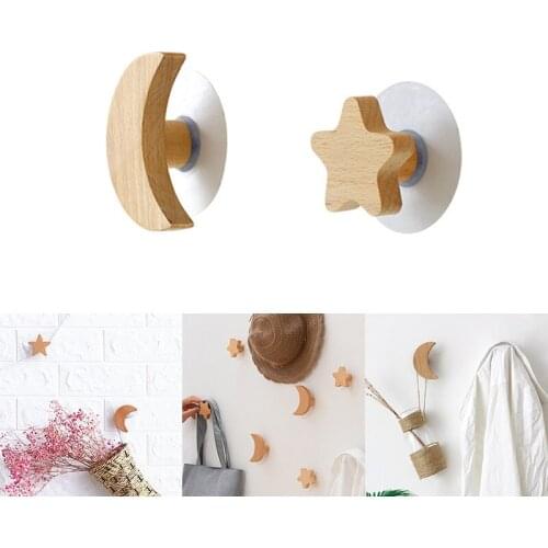 Creative Wooden Star Moon Shape Hooks Clothes Storage Hanger Hook Self Adhesive Wall Mounted Children Bedroom Decoration