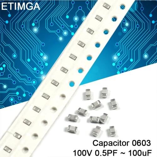 100Pcs/Lot 0603 100V SMD Chip Multilayer Ceramic Capacitor 0.5pF to 100uF 1 1.8 2.2 4.7 5.6 8 10 15 18 22 24 27 33 47 56 pF uF