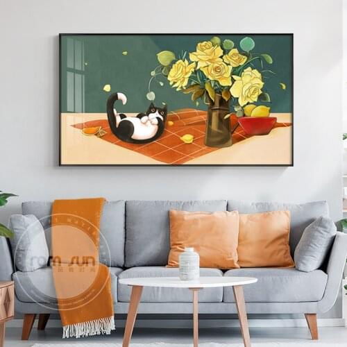 Wall Art Posters Prints Flowers Cute Cats Cartoon Canvas Painting Modern Picture for Living Room Dining Room Nordic Home Decor