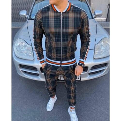 New Men Plaid Sportsuits Mens Set stripe Slim-fit Jacket+Pants Gyms Casual Sportswear Suit Hot Street Fashionista Trend Hip-Hop
