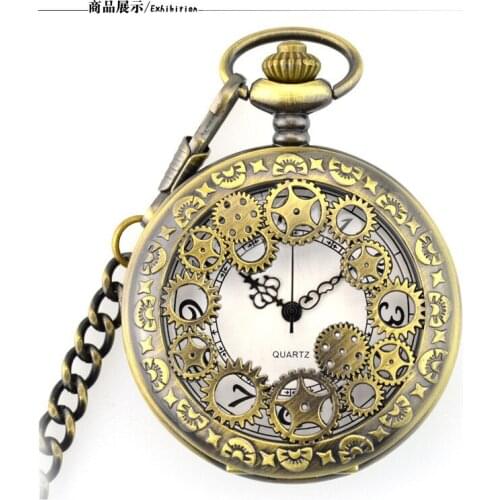 New Antique Bronze Steampunk Hollow Grear Quartz Pocket Watch Fob Watch Necklace Pendant Clock With Chain Mens Women Gifts