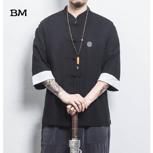 Chinese Style Shirt Ancient Style Wu Tang Clan Cotton Linen Buckle Short Sleeves Men Solid Color Tang Suit Summer Clothing