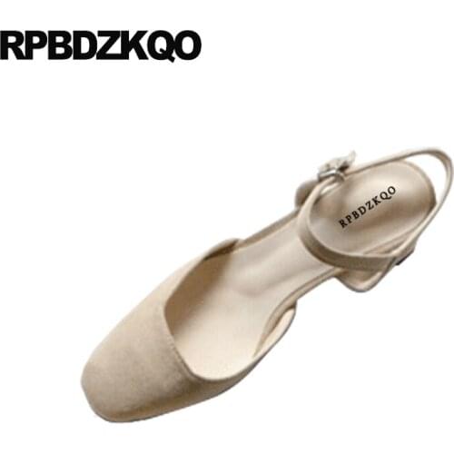 Slingback 2021 Medium Heels Female Sandals Block Shoes For Women Chunky Square Toe Thick Casual Suede Pumps Black Size 33 Nude
