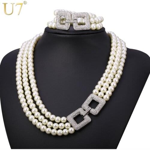 U7 Wedding Simulated Pearl Jewelry Set For Women Party Rhinestone Multi Layers Lady Necklace Sets S744