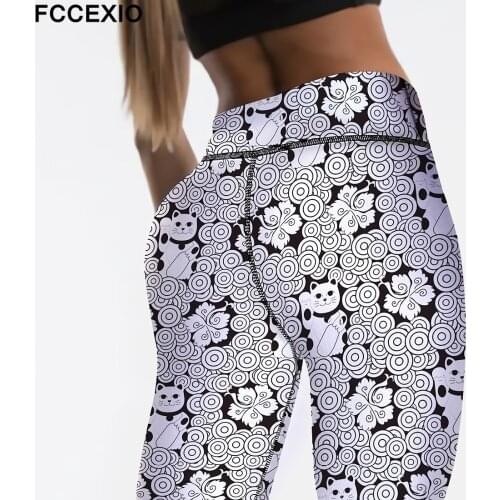 FCCEXIO Hot New High Waist Women Leggings Fashion 3D White Cats Pattern Milk Silk Print Fitness Elastic Leggings Plus Size