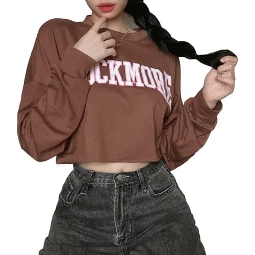 Women Casual Crop Tops Adults Letter Print Long Sleeve Round Neck Sweatshirt (Brown)