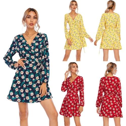Women Sundress Bohemian Floral Printed Mini Dress 2021 Summer Sexy V-neck Ruffles Wrap Short Sleeve Beach Vestidos Belted