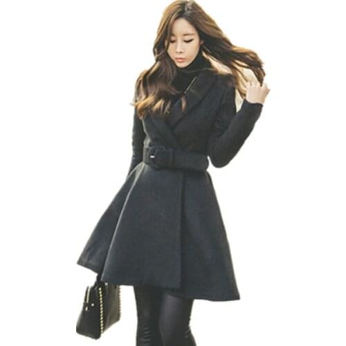 Office Lady Korean Winter Womens Vintage Turn-Down Collar Belt Slim Black Outerwear Coats Fashion Elegant Woolen Coat Abrigos