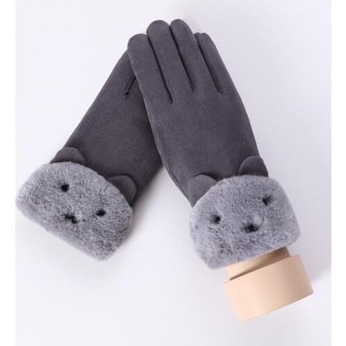 Winter New Lace Warmth and Velvet Three-breasted Cute Small Animal Gloves Double Thick Plush Female Touch Screen Driving Gloves
